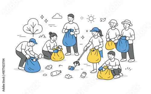 Trash Cleanup Volunteers. Volunteering environmental cleanup. People collecting trash in a park with bags and gloves, relaxed and positive mood.