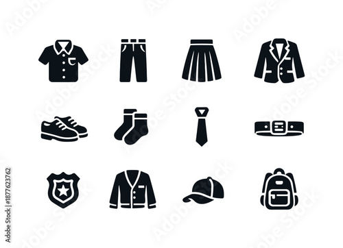 Uniform Icon Set. Uniform replacement items. Solid icon set of uniform replacement items: new shirt, new pants, new skirt, new blazer, new shoes, new socks,