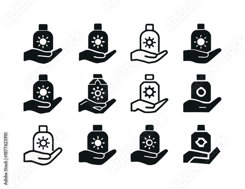 Sunscreen Logo Variations. Applying sunscreen. Icon set. Set Logo of applying sunscreen: sunscreen bottle. harmonious logo variations of the same emblematic
