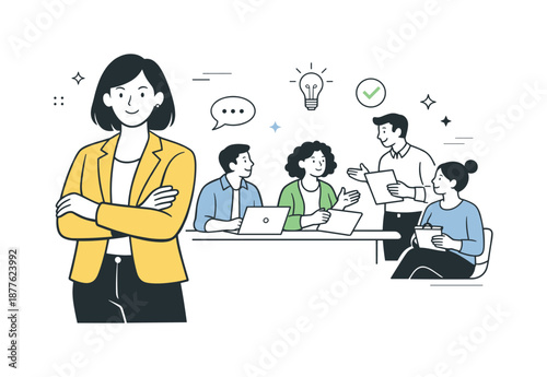 Women Leading Teams. Women Leading Teams. A female leader standing slightly forward while a small team collaborates behind her. The illustration