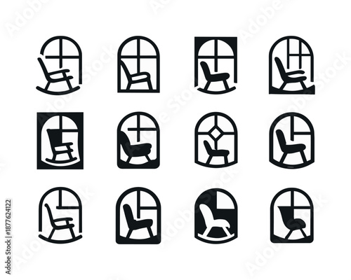 Rocking Chair Logos. Rocking chair by the window. Icon set. Set Logo of rocking chair by the window: cozy nook silhouette. harmonious logo variations of the