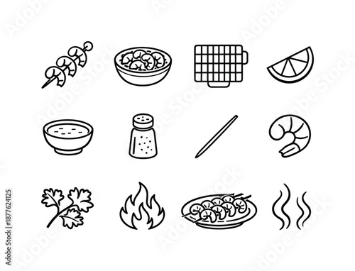 Shrimp Skewer Icons. Shrimp skewers. Line icon set of shrimp skewers: shrimp skewer, marinated shrimp, grill grate, lemon wedge, dipping sauce bowl, seasoning