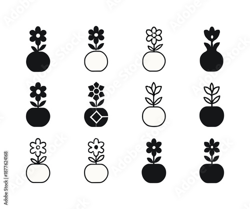 Iconic Vase Variations. Tabletop flower vase. Icon set. Set Logo of tabletop flower vase: round vase with bloom. harmonious logo variations of the same