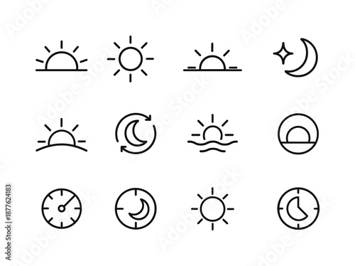 Sun Cycle Icons. Sun cycles. Line icon set of Sun cycles: sunrise arc, midday sun, sunset arc, twilight star, night moon, sun path line, rotating sky, horizon