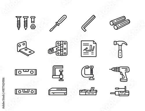 Furniture Assembly Tools. Furniture assembly. Line icon set of Furniture assembly: screws, bolts, screwdriver, hex key, dowels, brackets, hinge, instruction