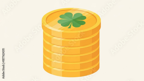 Stack of Gold Coins with Four-Leaf Clover on Top, Isolated on White Background