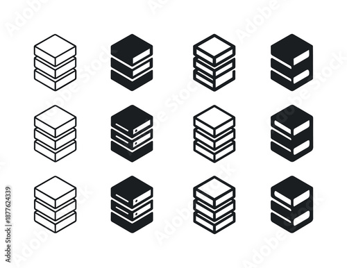Isometric Icon Set. Isometric Illustrations. Icon set. Set Logo of isometric illustrations: isometric server rack. harmonious logo variations of the same
