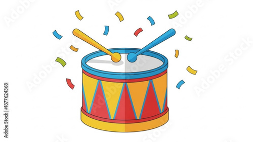 Colorful Drum with Drumsticks Isolated on White Background