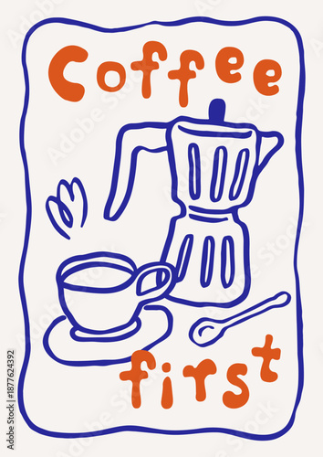 Coffee cup, moka pot in hand-drawn frame, kitchen poster design. Italian espresso in dolce vita doodle scribble drawing style. Morning drink, outline line art sketch card. Flat vector illustration