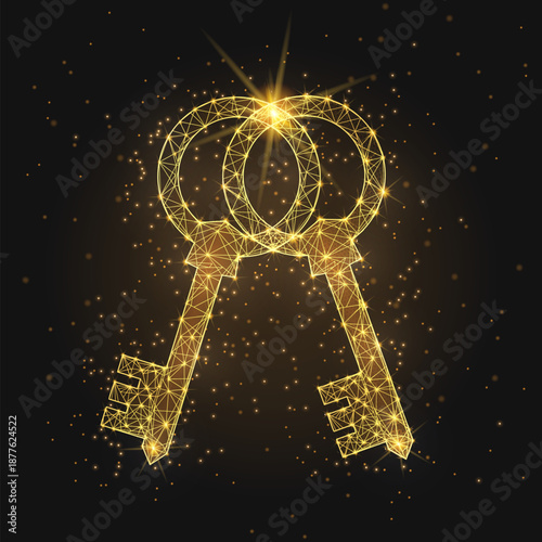 Two interlocking golden wireframe keys glowing on dark background with sparkles. This futuristic illustration represents a successful deal, secure access, unlocked potential, and professional partners