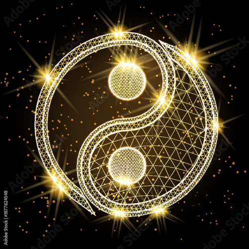 Premium golden wireframe Yin Yang symbol with glowing particles on black background. Represents digital harmony, luxury spiritual balance, and high-tech duality in a modern grid style for premium web 