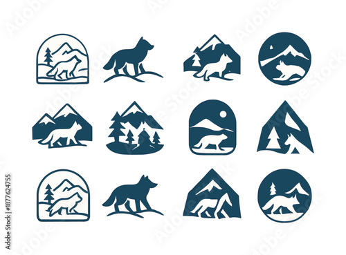 Winter Wildlife Icons. Snowy landscapes with animals in winter habitats. Icon set. Set Logo of snowy landscapes with animals in winter habitats: arctic fox.