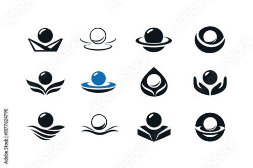 Levitating Sphere Icons. Weightlessness. Icon set. Set Logo of weightlessness: levitating sphere. harmonious logo variations of the same emblematic concept,