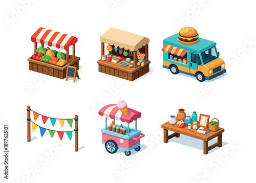 Market Fair Icons. Market fair graphics. Isometric flat vector icons set of Market fair graphics: fruit and vegetable stall, handmade crafts booth, food truck,