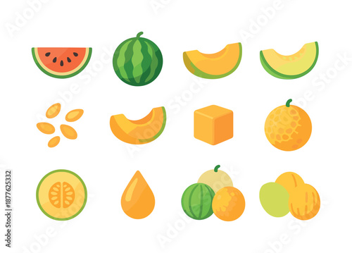 Colorful Melon Icons. Melons. Colorful flat vector icons set of Melons: watermelon slice, whole watermelon, cantaloupe wedge, honeydew slice, galia melon,