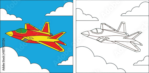 Coloring book page of cartoon military fighter jet flying in blue sky with clouds. Vector illustration with color sample and outline for kids education and activity.