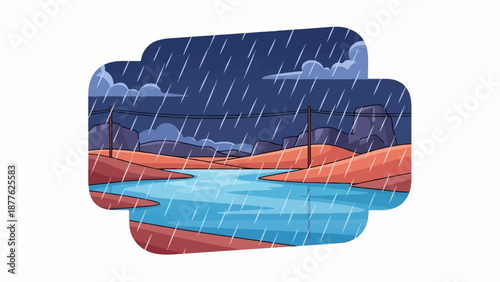 A stormy scene with heavy rain falling over a body of water and arid hills under a dark, clouded sky