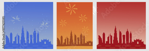 New Year's Eve Party city view with fireworks, new year's eve background.