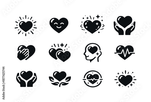 Heartfelt Icon Set. Heartfelt emotions. Solid icon set of Heartfelt emotions: warm heart, gentle joy, emotional glow, caring heart, empathy icon, uplifted