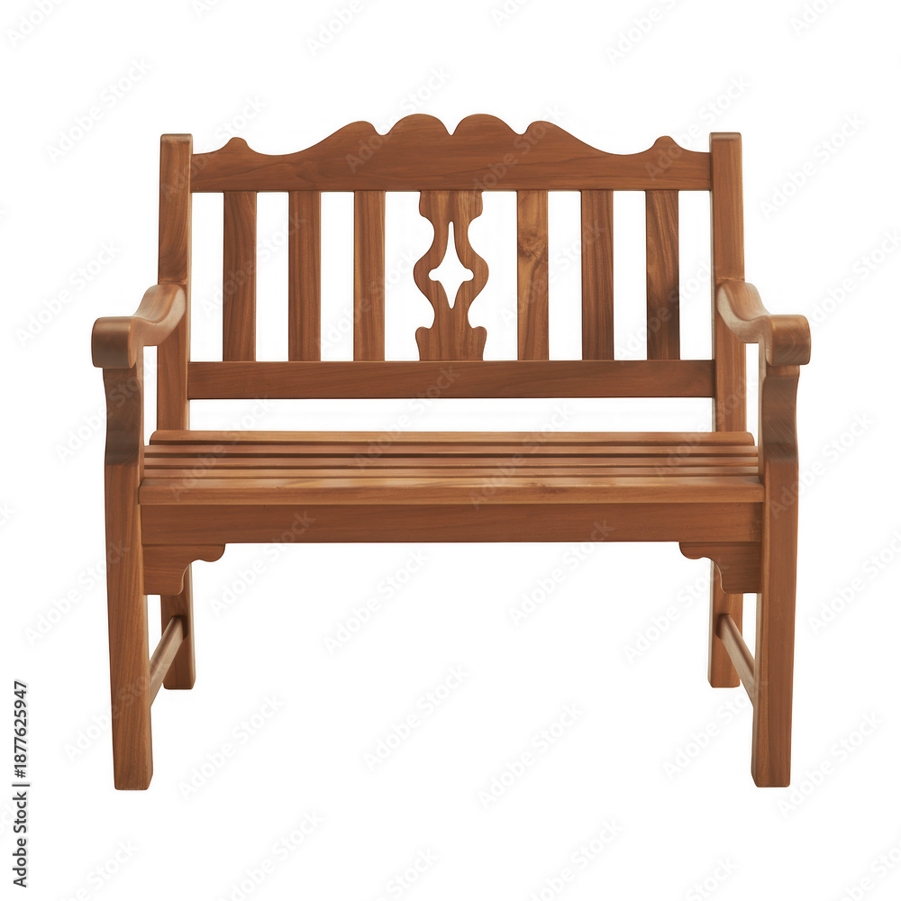 Fototapeta premium Wooden bench with intricate backrest brown wood garden furniture isolated on a transparent background