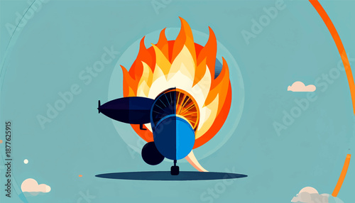 A stylized airplane engine engulfed in flames against a calm sky with clouds