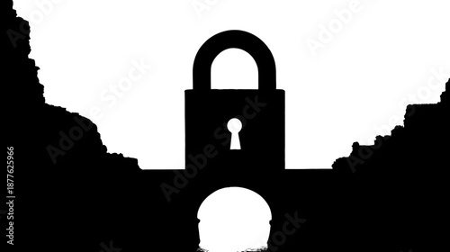 A lock silhouette above a bridge with rugged, mountainous sides. Simple, black and white image