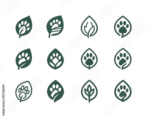 Eco-Tourism Icons. Eco-tourism with wildlife preservation. Icon set. Set Logo of eco-tourism with wildlife preservation: leaf and paw symbol. harmonious logo