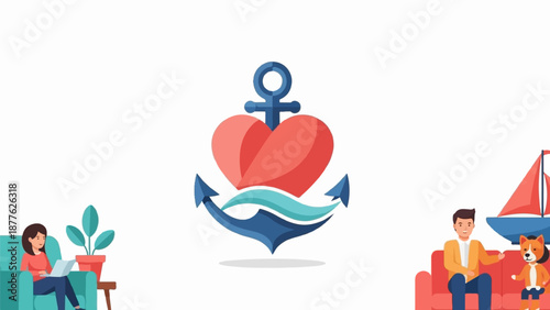 A stylized anchor with a heart and waves is central, with a woman on a couch and a man with a dog near a sailboat