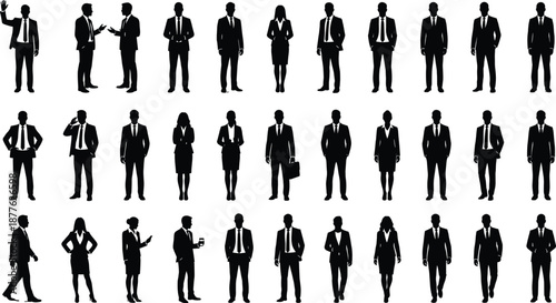 Business people silhouettes collection showing professional men and women standing walking talking teamwork leadership corporate office vector illustration design characters