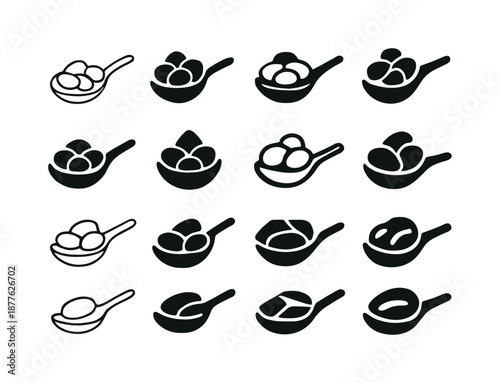 Cooked Beans Logos. cooked beans. Icon set. Set Logo of cooked beans: spoonful of beans. harmonious logo variations of the same emblematic concept, each with