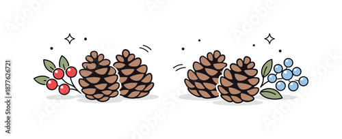 Winter Botanical Elegance. Winter botanical illustration. Simple pine cones paired with clusters of winter berries, creating a natural and peaceful seasonal