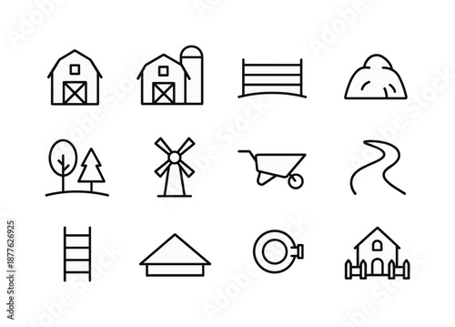 Farm Icon Collection. Farm landscape. Line icon set of Farm landscape: barn silhouette, silo beside barn, fence lines, hay pile, trees, windmill, wheelbarrow,