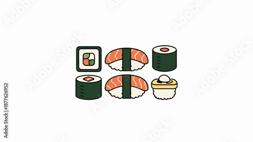 A simple cartoon illustration of various types of sushi pieces, arranged in two rows