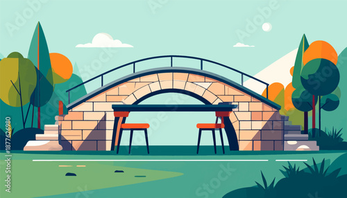 A stylized arched stone bridge spans a grassy area, with two chairs beneath