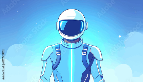 A stylized astronaut stands against a bright blue sky filled with soft clouds and distant stars