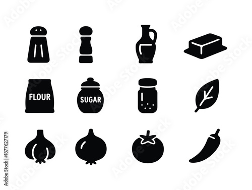 Cooking Ingredients Icons. Cooking ingredients. Solid icon set of cooking ingredients: salt shaker, pepper grinder, oil bottle, butter stick, flour bag, sugar
