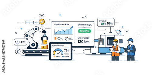 Industrial IoT Monitoring. Industrial IoT monitoring. Factory equipment connected to sensors and screens showing real-time metrics. Smooth data flow and