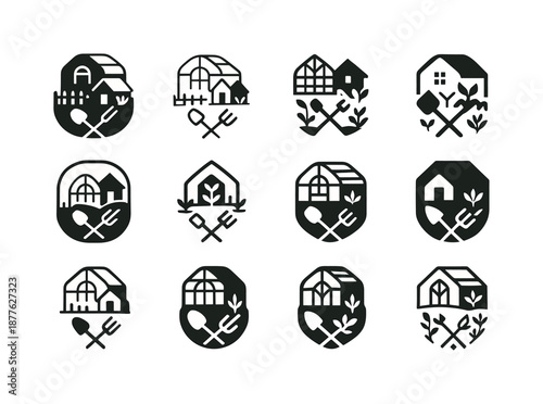 Greenhouse Logo Variations. A small farm with a hand-built greenhouse for growing vegetables. Icon set. Set Logo of A small farm with a hand-built greenhouse