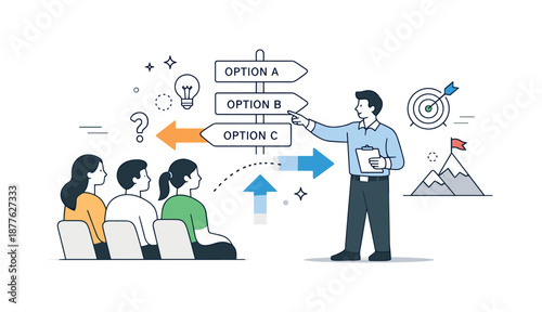 Guided Team Strategy. Strategic team guidance. Leader helping the team navigate choices using simple arrows and signposts. Mood of clarity, confidence, and