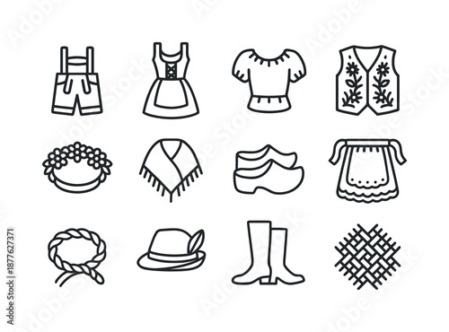 European Folk Attire Icons. European folk attire. Line icon set of European folk attire: lederhosen, dirndl dress, folk blouse, embroidered vest, flower crown,