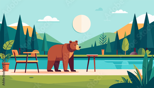 A stylized bear stands by a calm lake with mountains and trees in the background