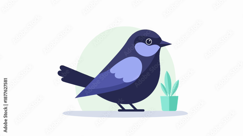 Fototapeta premium A stylized bird stands beside a small potted plant, against a pale green circular backdrop