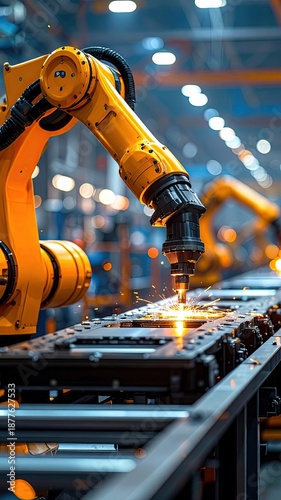 A robotic arm welding metal parts in a modern industrial setting, showcasing advanced automation technology in manufacturing.