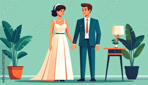 A smiling couple in wedding attire holds hands beside houseplants and a side table