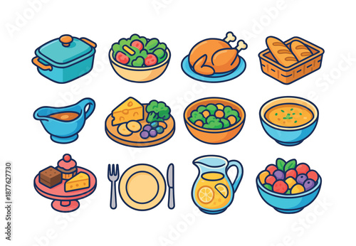 Family Dinner Icons. Family dinners. Colorful isometric vector icons set of family dinners: casserole dish, salad bowl, roasted chicken, breadbasket, gravy