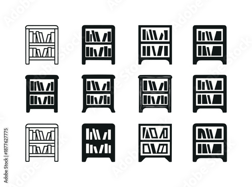 Bookshelf Logo Variations. peanutsold bookshelf. Icon set. Set Logo of peanutsold bookshelf: vintage bookshelf with visible wood grain. harmonious logo