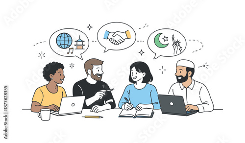 Cross-Cultural Collaboration. Cross-cultural teamwork. Colleagues collaborating with laptops and notes while subtle cultural symbols and speech bubbles appear,