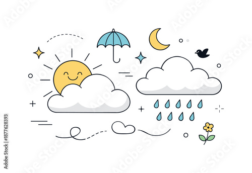 Spring Weather Symbols. Spring weather mood. Abstract weather symbols floating freely, showing a mix of sunshine and soft rain. The illustration feels modern,
