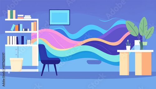 A serene office space with a bookshelf, chair, desk, and plants against a wavy backdrop