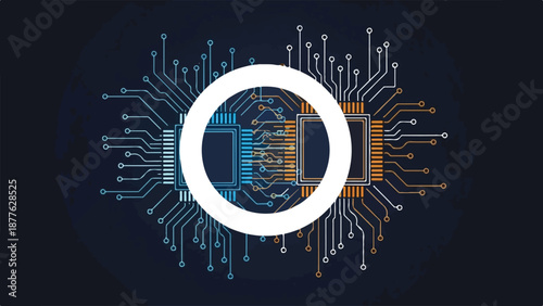 Circuit Board Processors with Connecting Lines and White Circle Graphic